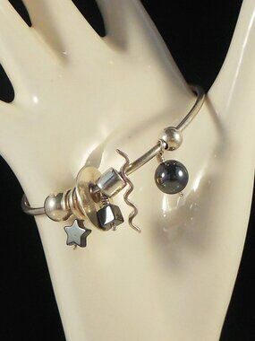 Sterling Silver Charm Bracelet With Hematite and Sterling Charms Hook Closure